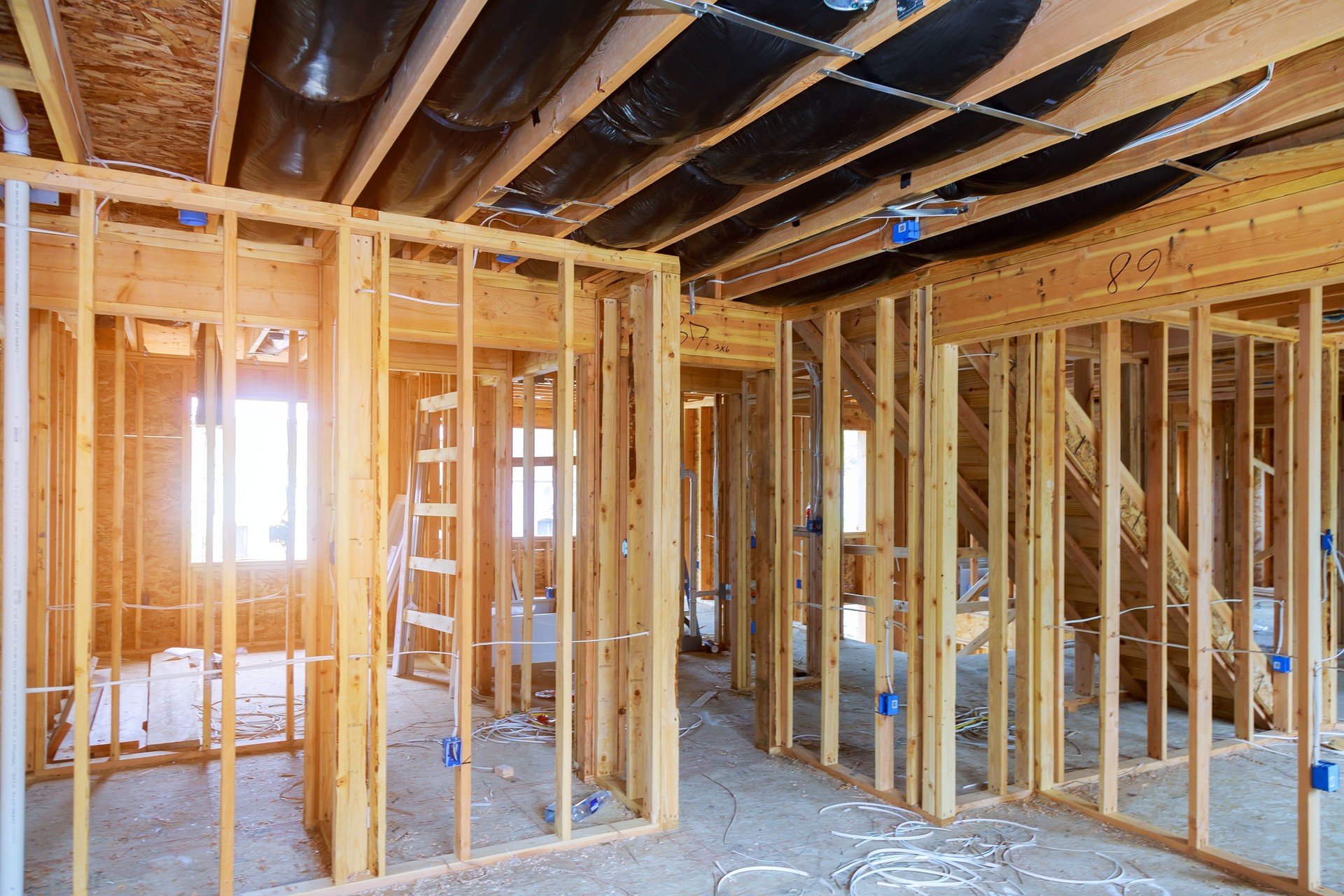 Interior stick built frame of a new house under construction