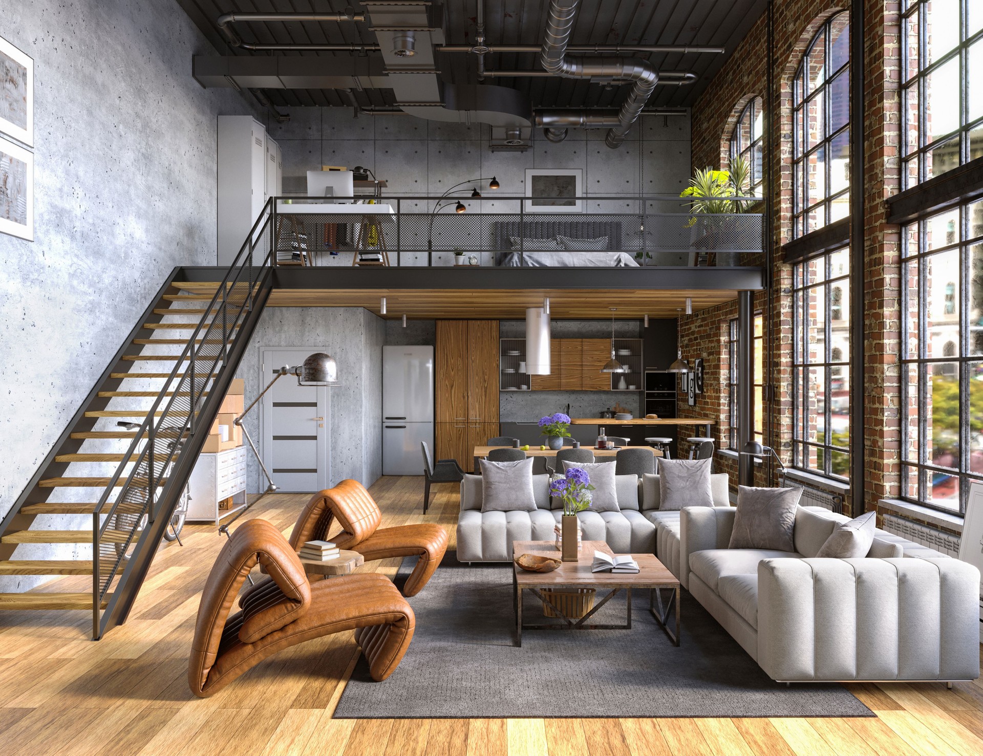 Industrial Style Loft Apartment with arch windows and indoor balcony, 3d render