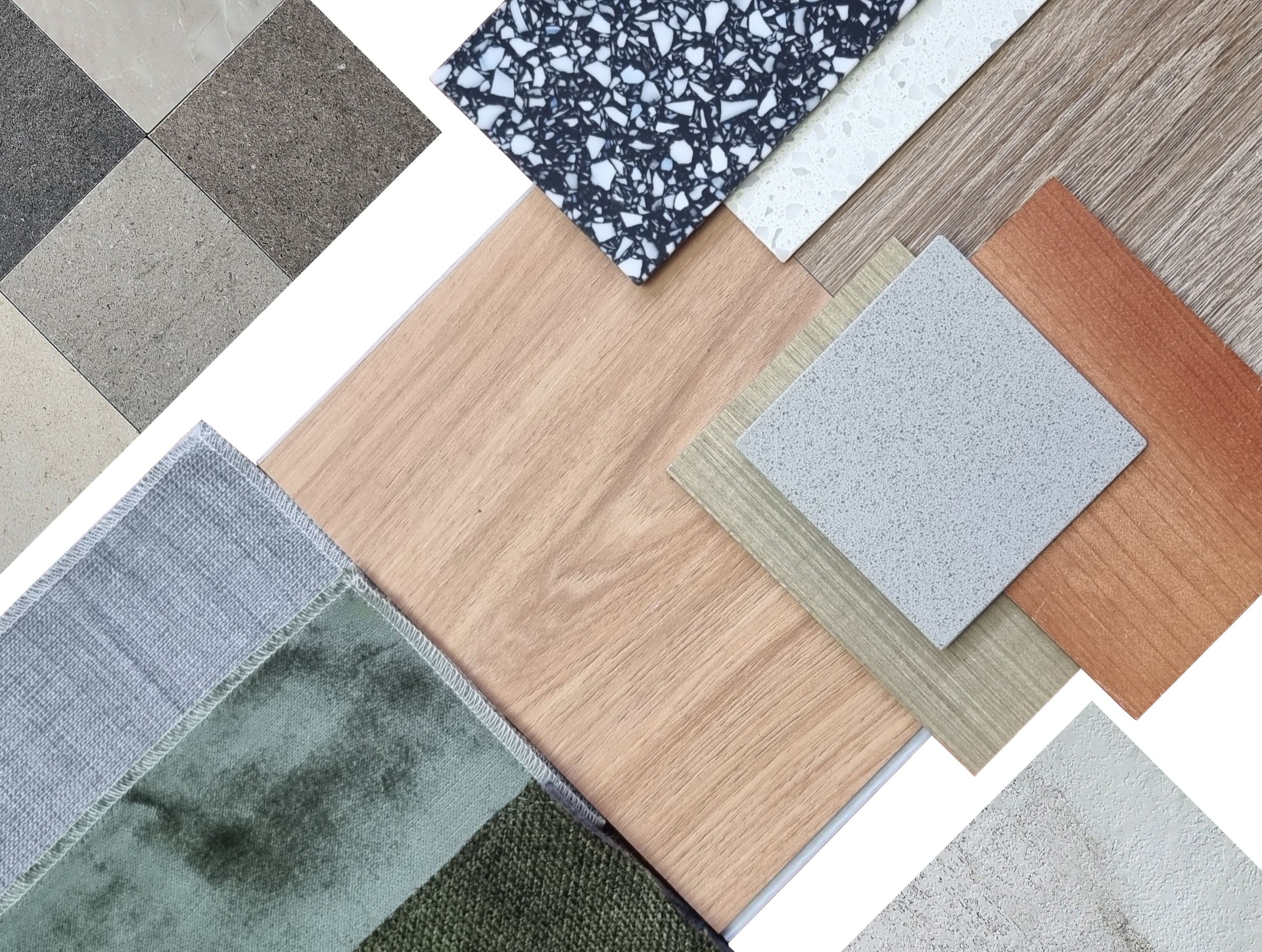 interior material samples contains green and grey draperies, wooden spc vinyl flooring tiles, veneers, terrazzo, quartz, stone tiles, concrete laminated.