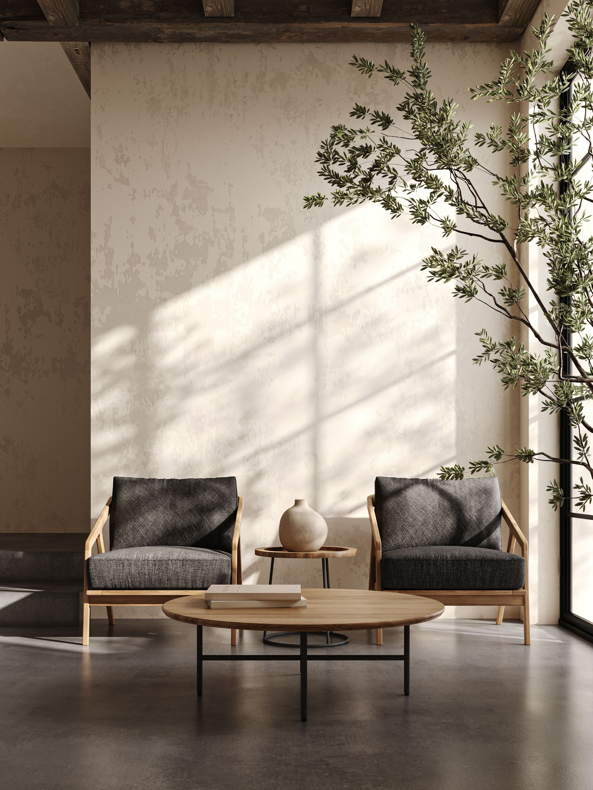 Contemporary living room with chic wooden armchairs and a circular coffee table under warm natural lighting. 3d render
