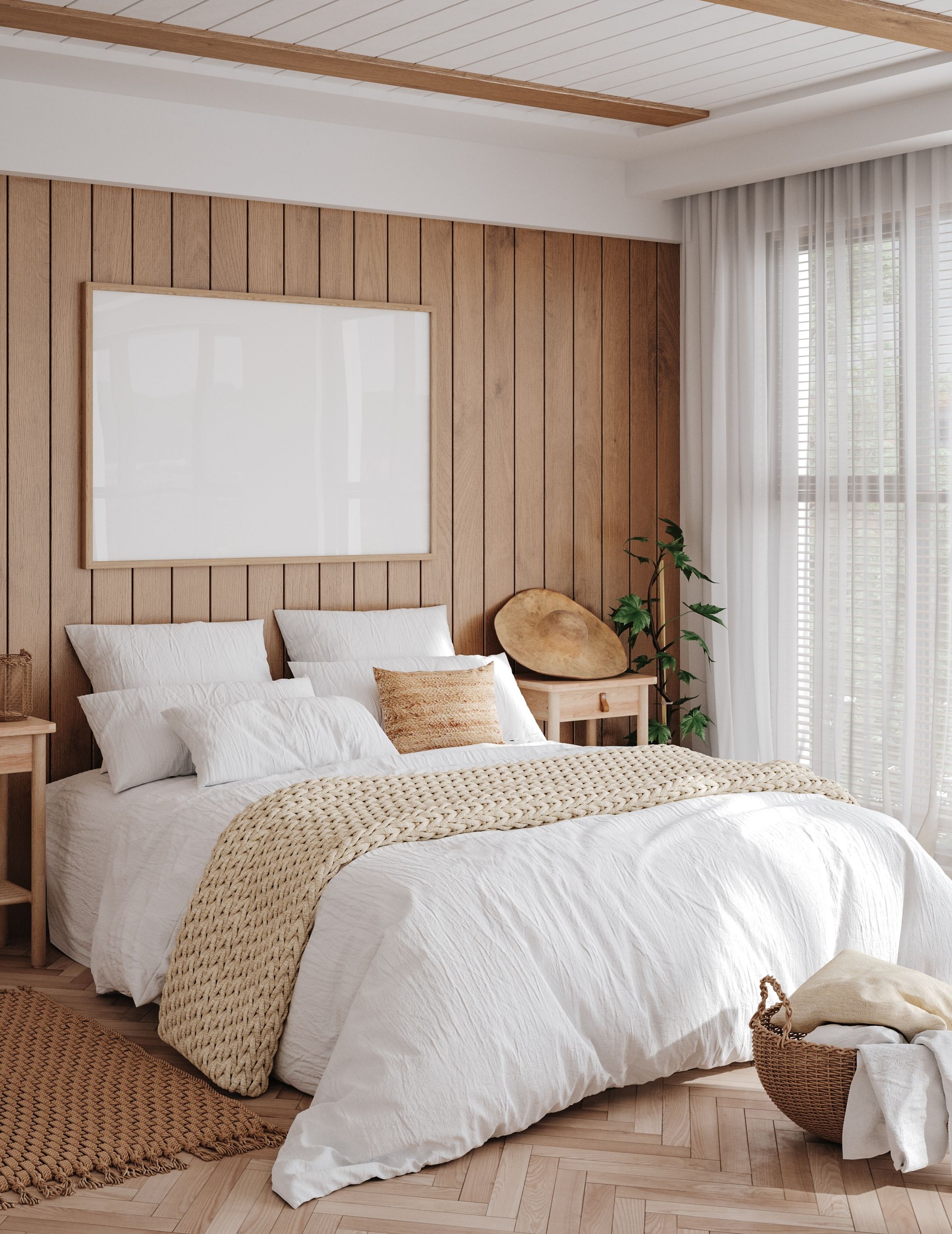 Mockup frame in cozy bedroom interior background